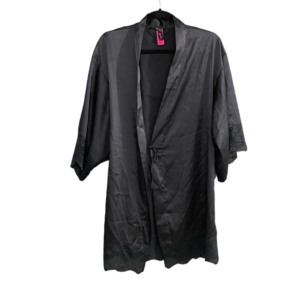 LA SENZA Black Short Kimono Robe Wide Sleeves Lace Trim S/M